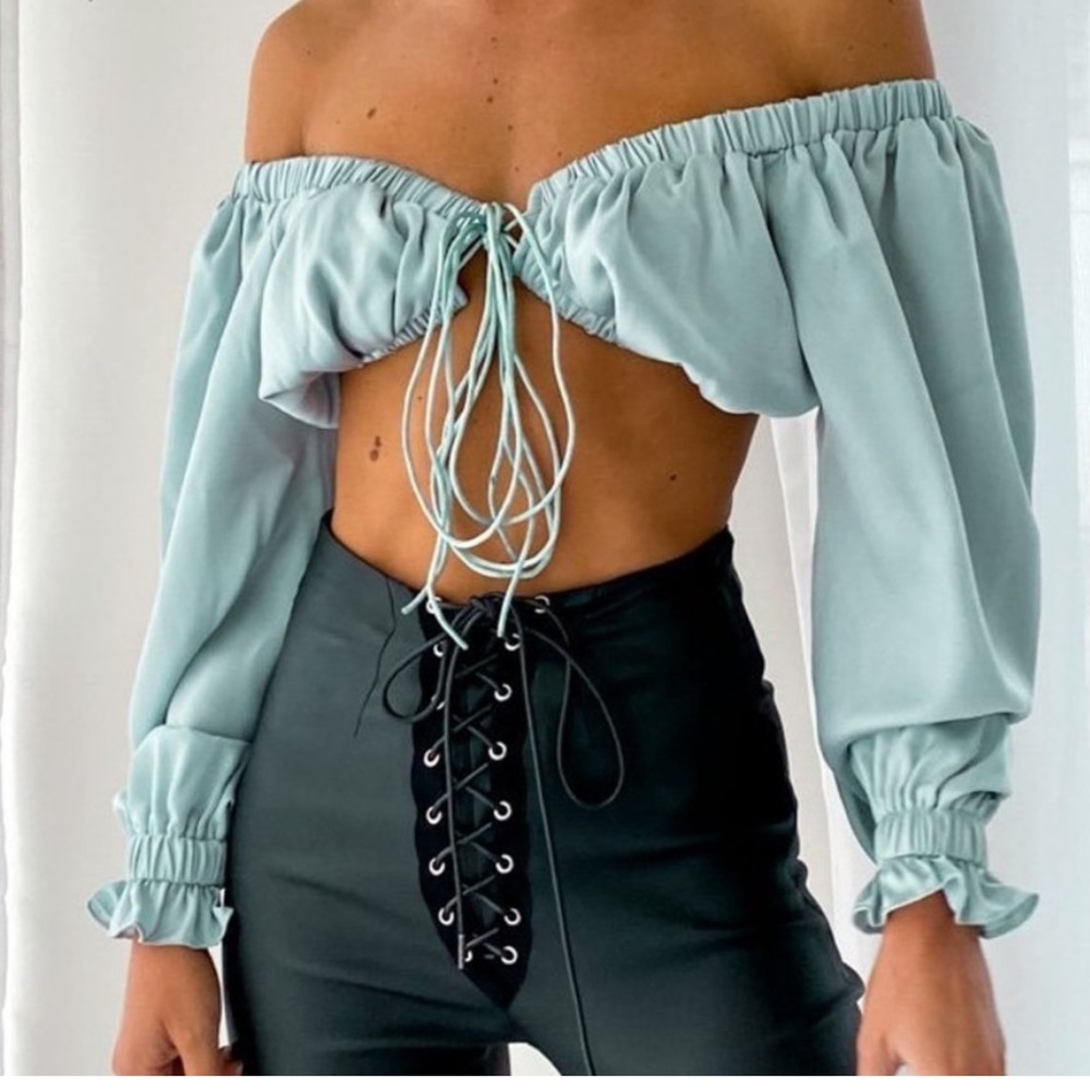 Beginning boutique long sleeve satin blue top